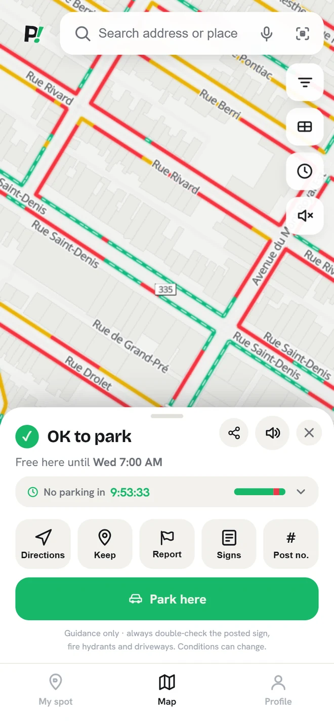 Panoui! spot card on Rue Rivard: OK to park, free until Wed 7:00 AM, counting down: no parking in 9:53:33